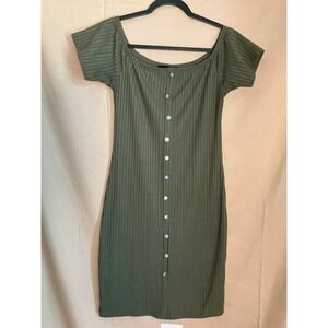 LU NYC Ribbed Bodycon Dress Women Large Olive Green Excellent Off Shoulder Mini